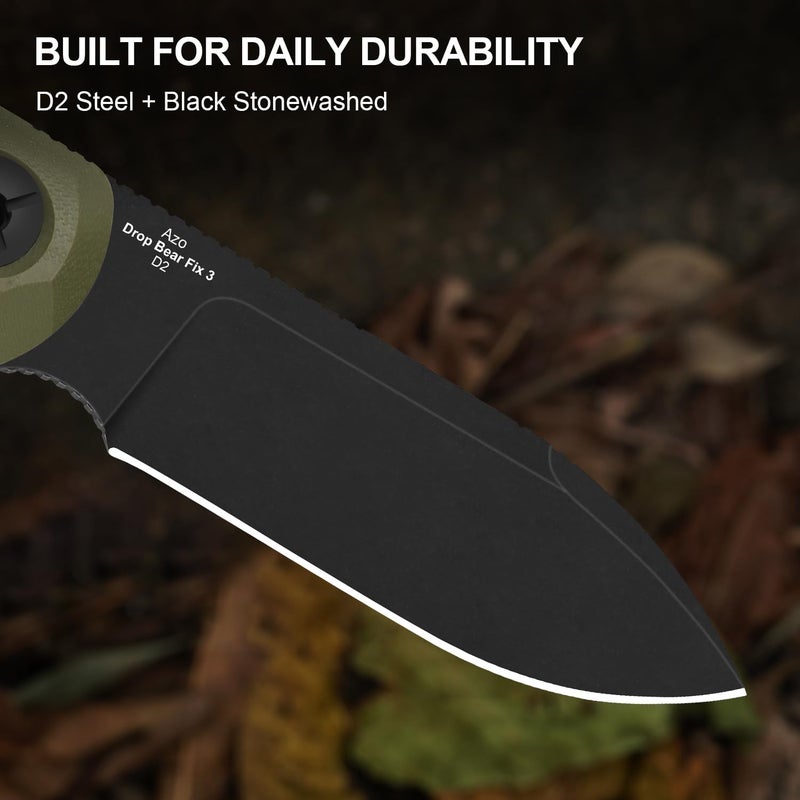 KIZER Drop Bear Fix 3 Fixed Blade Knife, 3.8" D2 Blade EDC Camping Knife with Olive Green G10 Handle, Small Hunting Knives with Sheath, Outdoor Survival Knives with Pocket Clip and Lanyard, 1101M1 - Image 4